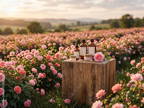 3d podium amid pink rose field natural beauty product scene  
