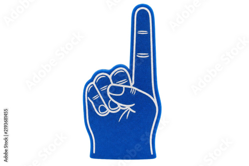 Quadro su tela Blue foam finger with a raised index finger isolated on a clean white background