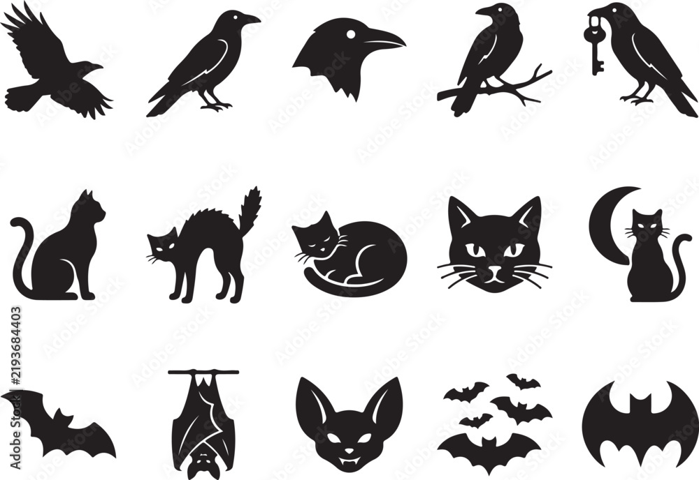 Fototapeta premium Halloween silhouette icon set featuring crows cats and bats