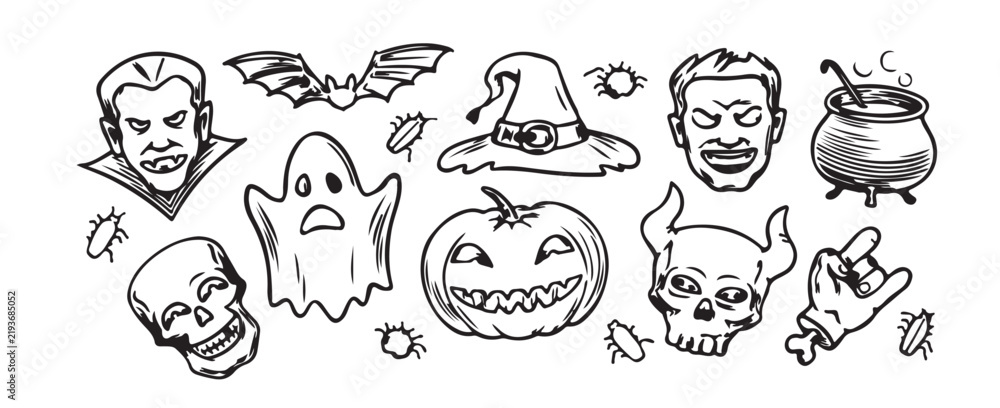 Obraz premium Halloween Doodle Set Vintage Tattoo Sketch Pumpkin Skull