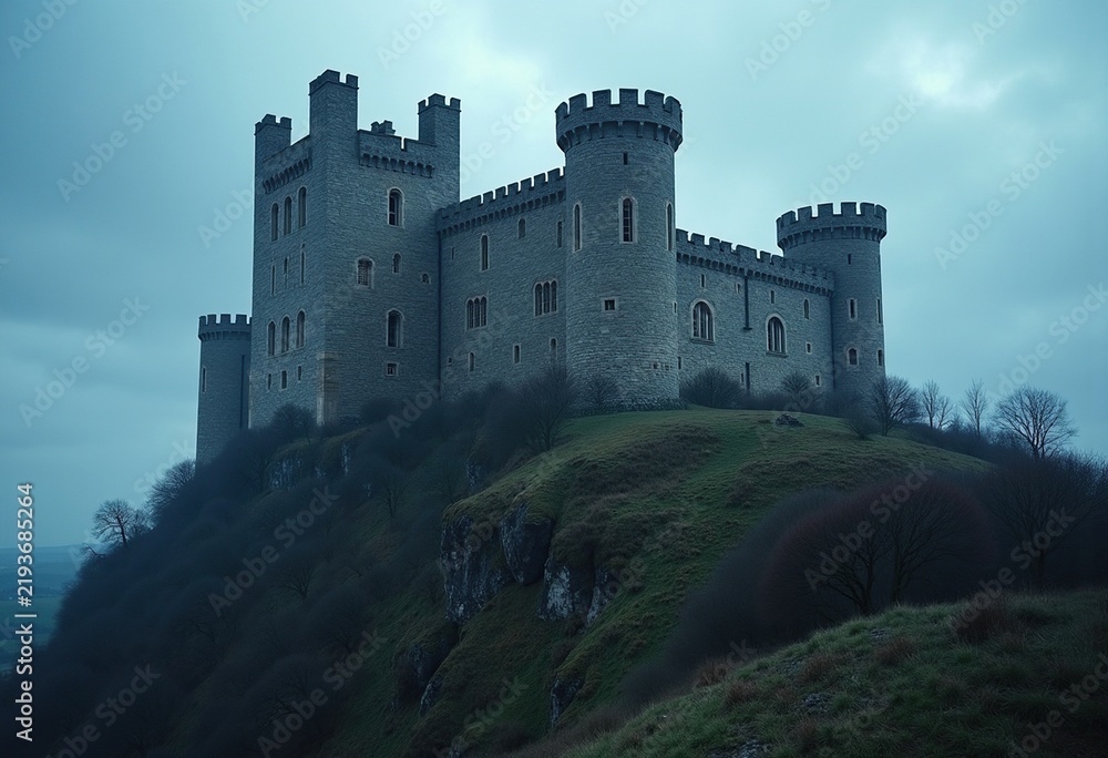 Obraz premium Norman Castle Keep Crenellated Hilltop Stronghold Majestic Historical Structure Fortress Elevation