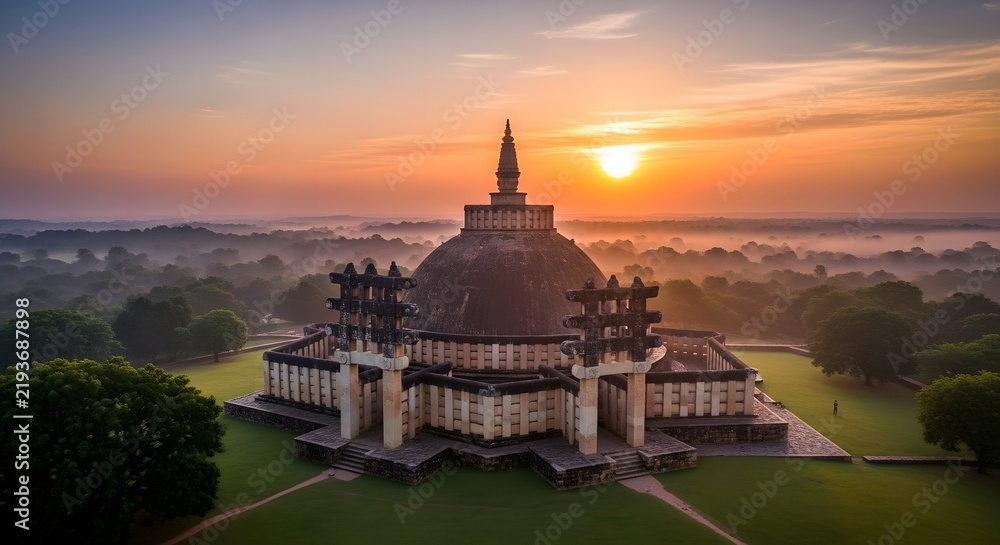 Obraz premium Aerial view of the ancient Sanchi Stupa at sunrise in Madhya Pradesh India
