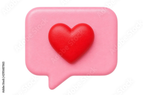 A 3D rendered pink speech bubble icon featuring a vibrant red heart isolated on white background