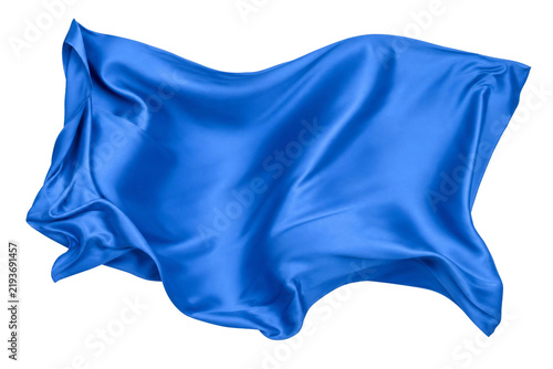 Konstfotografi Flowing blue silk fabric isolated on a white background with soft elegant waves
