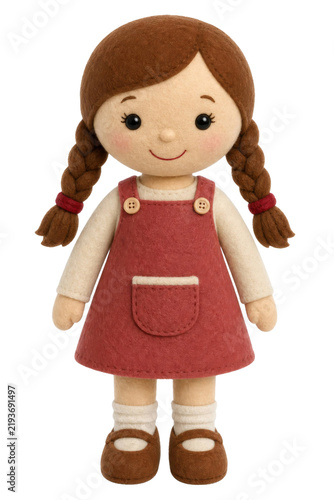 Quadro su tela A charming handmade felt doll with brown braided hair wearing a red dress and wh