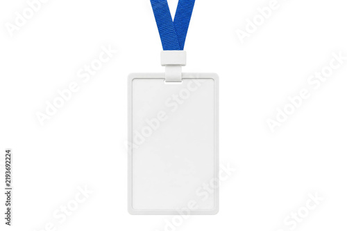 Fotografía Blank vertical ID badge holder with a blue lanyard isolated on a clean white bac