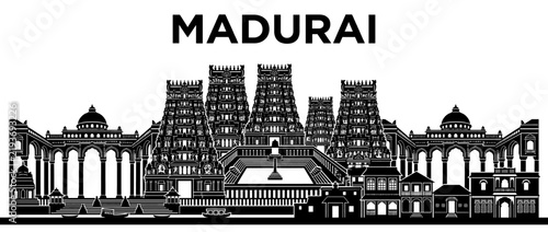 Madurai India City Skyline Silhouette with Meenakshi Amman Temple and Thirumalai Nayakkar Mahal Architecture Black Vector Stencil