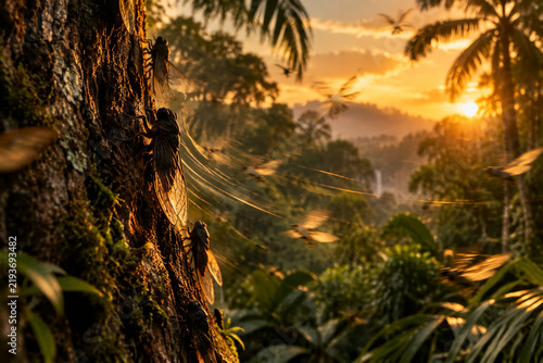 Dense tropical rainforest at dusk with cicada silhouettes.