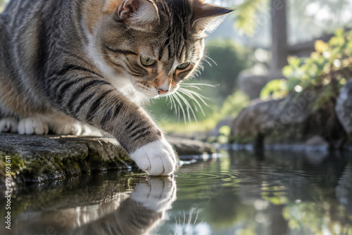 A cat extending its paw to touch the surface of still water.