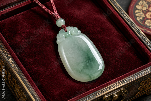 A smooth jade pendant on a faded red cord resting on velvet lining inside an ornate box.
