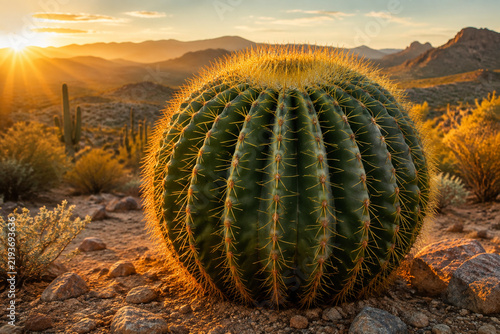 Plump water-storing cactus in desert landscape, golden hour sunlight enhancing form.