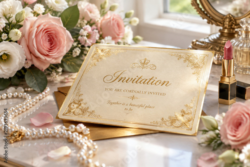 Gilded invitation card on a vanity with flowers and pearls.