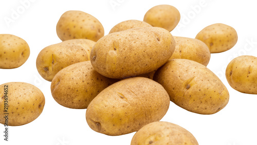 Foto Pile of raw earthy brown potatoes with textured skin, isolated on transparent ba