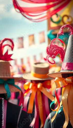 Carnival concept of colorful ribbons with hats, vintage. White tone