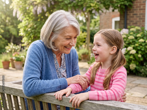 Happy senior grandmother smiling and talking with joyful granddaughter on wooden bench in garden
