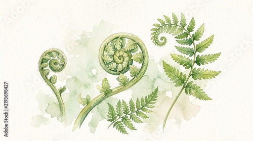 Watercolor illustration of unfurling fern fronds and mature fern leaves in varying stages of growth on a light background