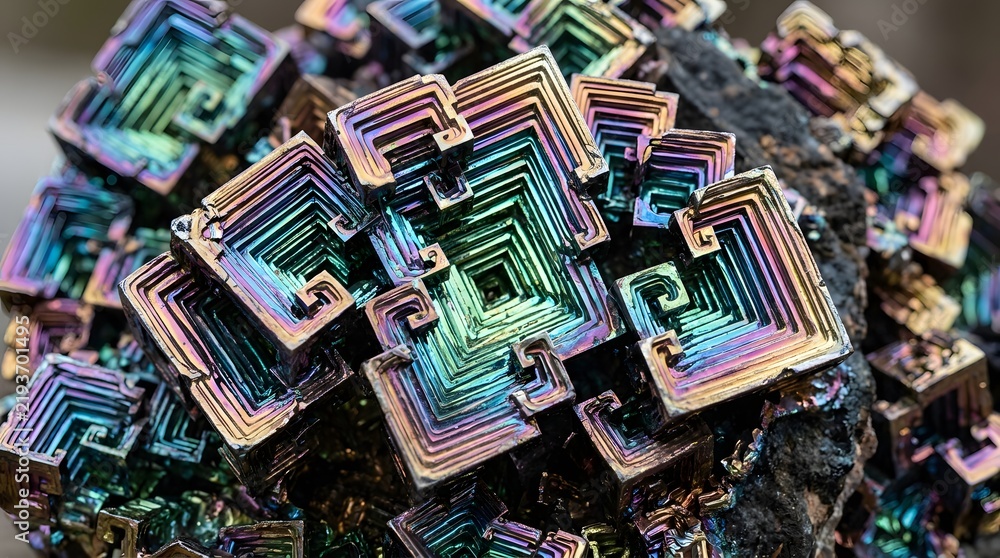 Obraz premium Iridescent bismuth crystal features intricate geometric step structures with vibrant rainbow metallic hues captured in sharp macro detail for scientific display