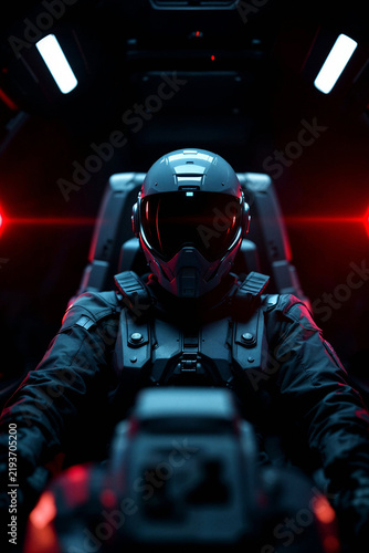 Futuristic soldier in a helmet and tactical suit lit by red light