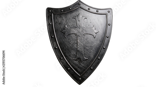 Konstfotografi Scratched metal medieval shield with embossed cross, isolated on transparent bac