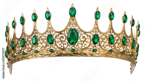 Fotografie Ornate golden crown adorned with numerous green emeralds, isolated on transparen