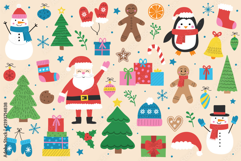 Fototapeta premium Christmas characters. Icon set with Santa Claus, Snowman, Christmas tree and presents. Vector illustration