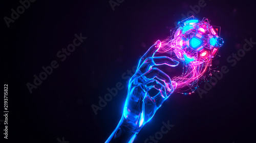 3D glowing glass hand holding a complex digital polyhedron core, cyberpunk metaverse technology