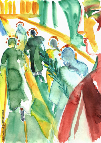 All Saints Day Procession, Spiritual Community in Expressive Hand-Painted Watercolor