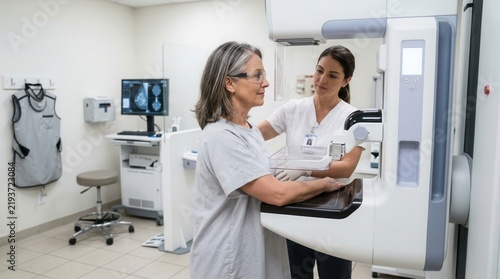 Healthcare Professional Assists Patient During Mammogram Procedure