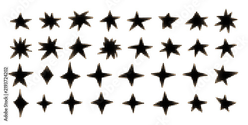Halftone star and burst sticker shapes Dotted pop art explosion and sunburst vector set with retro comic effect