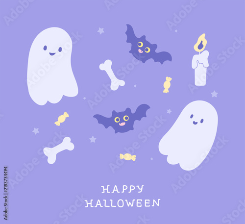 Set of Halloween cartoon illustration. Cut hand drawn ghost, bat, bone, candy and candle vector for Halloween invitation card, decoration, banner, greeting card. Adorable spooky element.