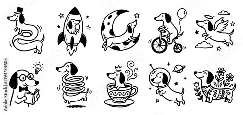 Cute dachshund dog character adventures doodle set, sausage dog flying on rocket, sitting in teacup, slinky body, bicycle ride, astronaut, and reading book vector