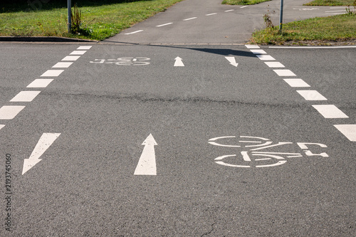 Canvastavla White painted bicycle icon and direction arrows marked on city asphalt street pavement