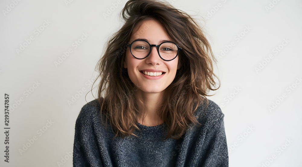 Fototapeta premium A picture of a young woman with wavy brown hair, wearing round black glasses and a gray sweater, standing against a simple light background under natural, soft lighting; it's a headshot