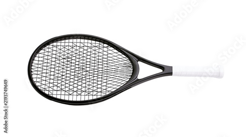 Foto Isolated professional black tennis racket with white grip, athletic equipment fo