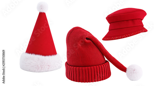 Fotografía Isolated vibrant red Santa hat, cozy knitted long cap, and elegant newsboy hat o