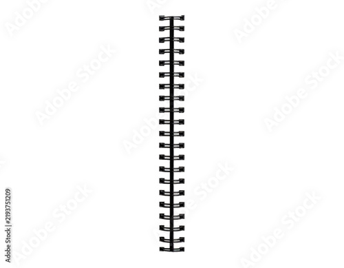 Vertical view of a black plastic spiral binding spine used for organizing document pages in a professional office work setting