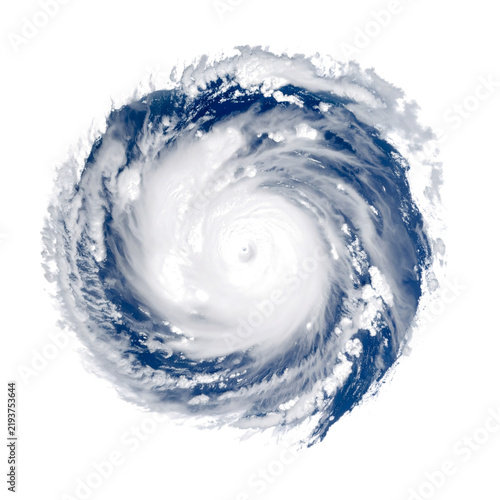 Hurricane cyclone storm rotating with massive white spiral clouds and deep blue center captured from satellite view in high resolution 