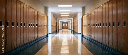 Rows of identical lockers gradually recede into the horizon of an empty school corridor