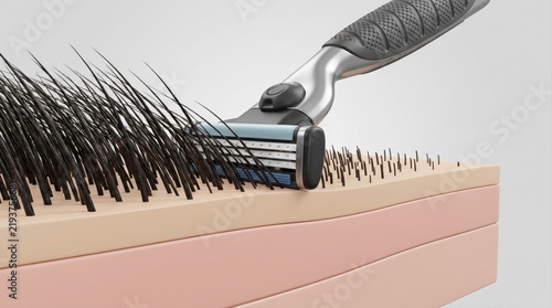 A close-up 3D render shows a multi-blade razor gliding across skin, trimming long dark body hair.