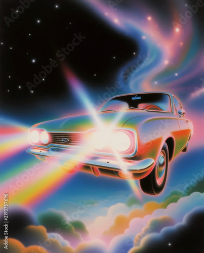 Retro Sports Car Racing Through Rainbow Light Trails