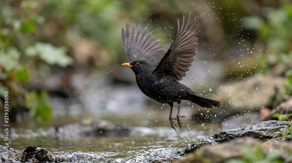 Fototapeta premium Black bird splashing in water during bathing action in forest