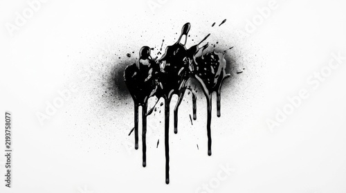 Black Paint Dripping Abstract Art on White Background