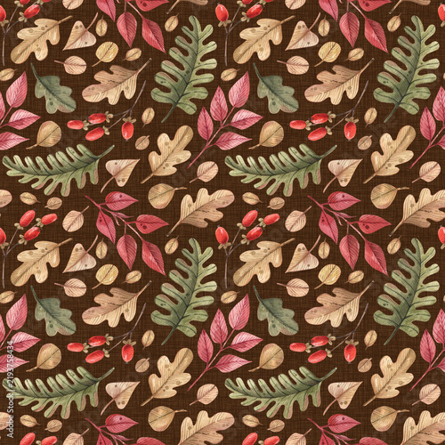Seamless watercolor pattern with autumn leaves and red berries on a dark brown background