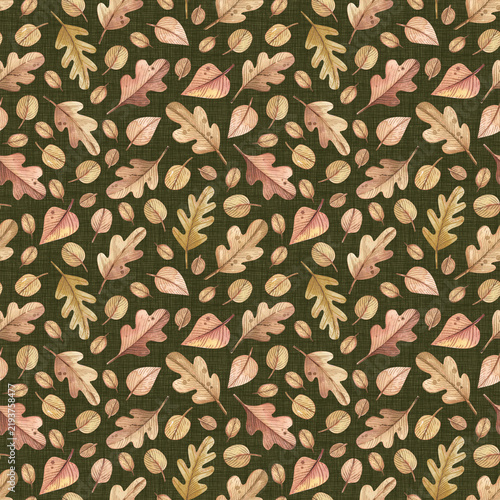 Seamless watercolor pattern with scattered autumn leaves in beige and pink tones on a dark green background