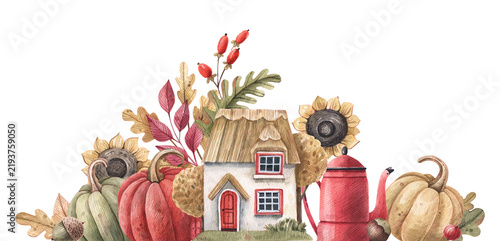 Watercolor autumn border illustration featuring a cozy thatched roof cottage, ripe pumpkins, sunflowers, rose hips and a vintage red kettle on a white background