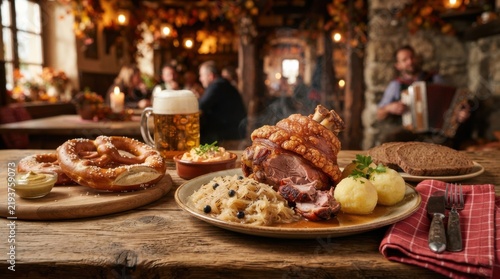 Traditional German Meal with Pork Knuckle and Pretzels