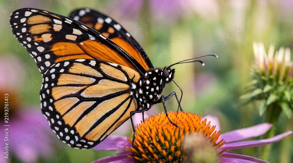 Obraz premium Monarch butterfly resting on a bright orange flower in garden