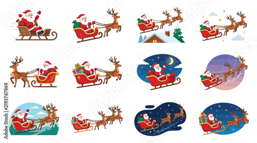 Collection of festive Santa Claus riding Christmas sleigh with reindeer.