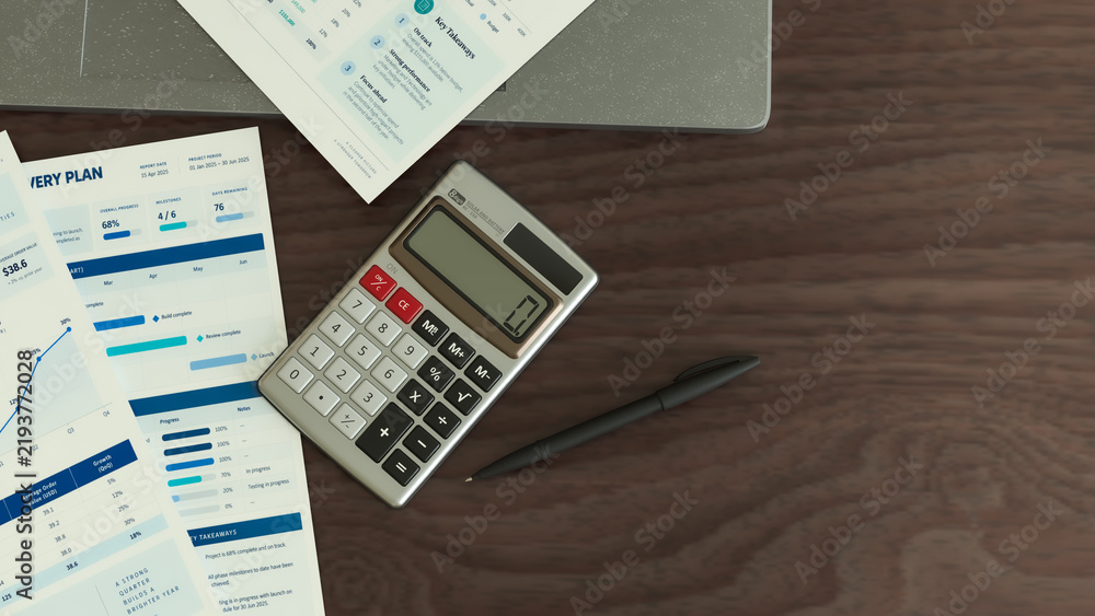 Obraz premium Business Reports with Laptop and Calculator on Wooden Office Desk 3d render.