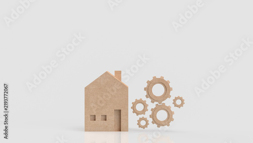 Wooden House with Gears Representing Home Maintenance Services 3d render.